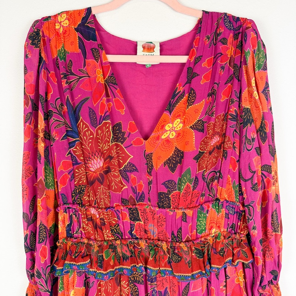 Farm Rio Tropical Tapestry Mini Dress Long Sleeve Floral Pink Size Medium - Picture 5 of 16